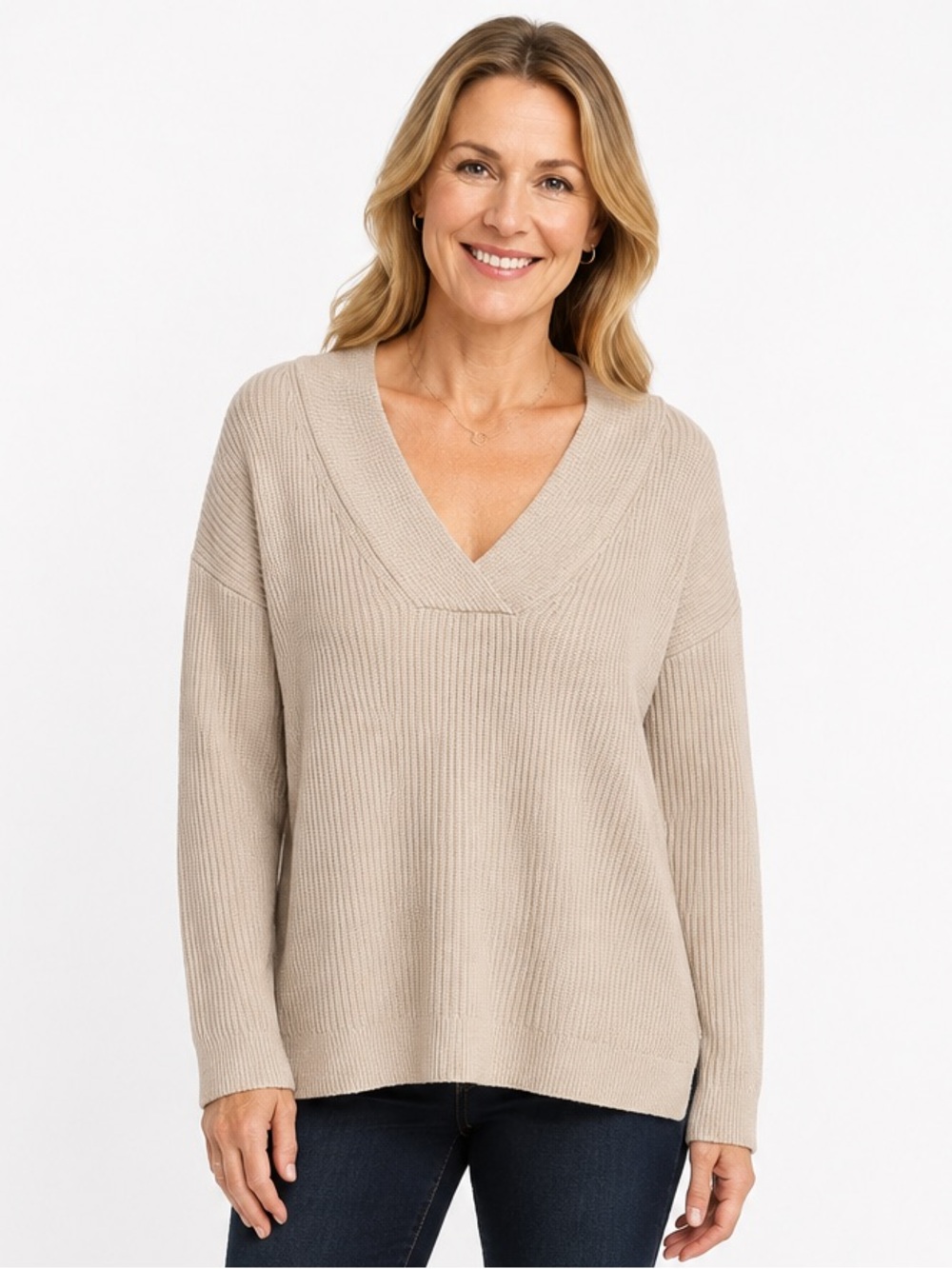 Haven Well Within Cashmere Blend Ribbed V Neck Sweater Womens Large Oatmeal